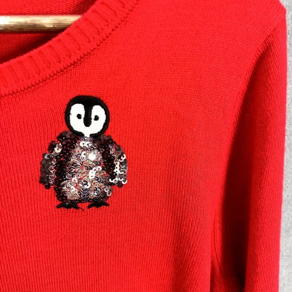 Verve ami pullover sweater womens XL red penguin‎ sequin cozy cabincore holiday - Picture 2 of 8